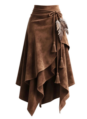 Women Long Autumn Skirts咖色半身裙女不规则系带显瘦a字中长裙