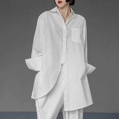 春夏女不规则排扣衬衫中长款BF开衩衬衣Fashion Women Shirts Top