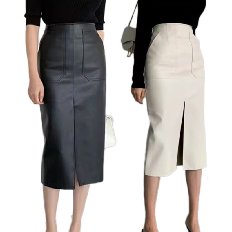 Women PU Skirt Elegant女装皮裙女士半身裙欧美气质修深开叉半裙