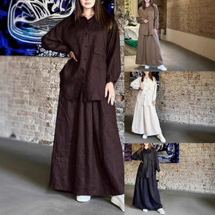Women Outfit Plus Size Shirt+Skirt Sets翻领衬衫裙休闲两件套