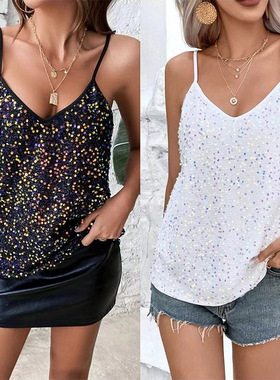 Women Vest Sequin Top Sexy Summer Clothes性感v领吊带亮片背心