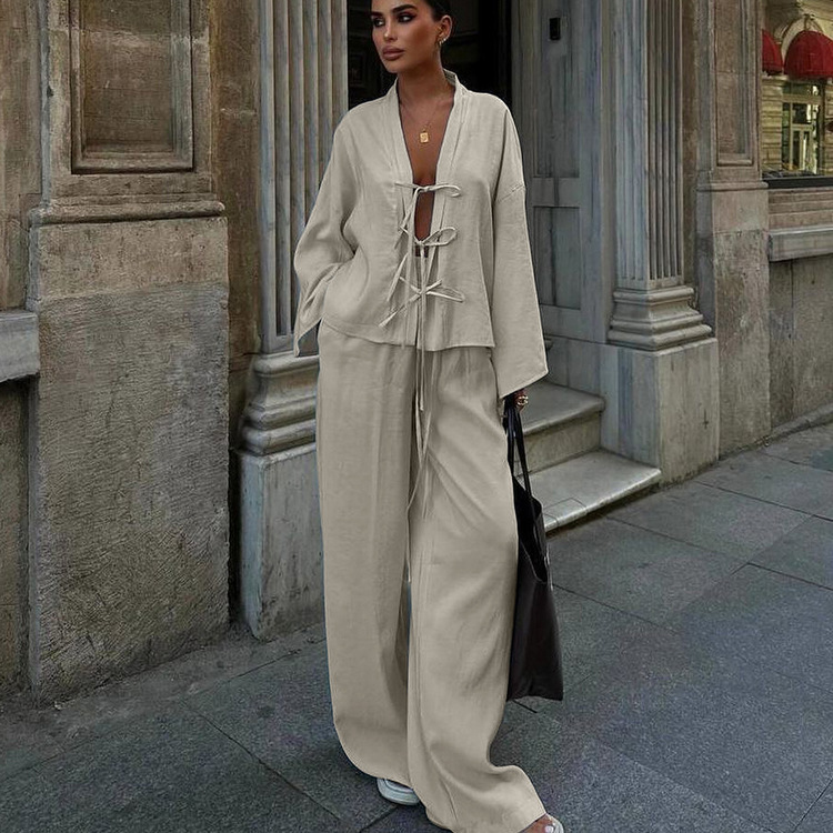 Women Shirt Long Pant Sets休闲两件套欧美风系带衬衫长裤套装女