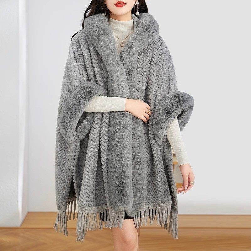 Warm Poncho斗篷披肩连帽加绒加厚毛呢外套气质大毛领宽松披风女