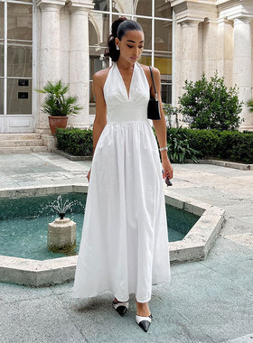 Women Dresses Fashion Elegant时尚气质深v领包胸露背长款连衣裙