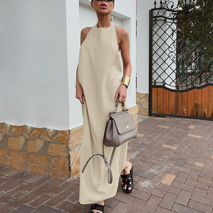 Women Long Dresses秋季棉麻裙子法式连衣裙宽松度假风背心裙长裙