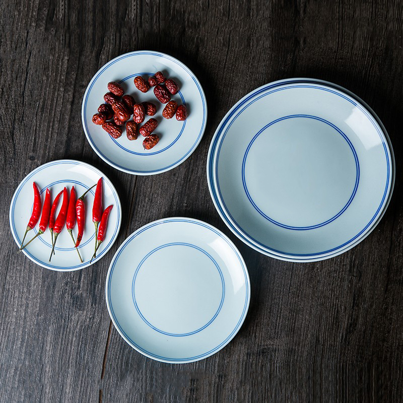 华轩陶瓷蓝边创意复古平盘浅盘