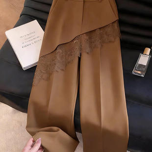 复古时髦气质百搭阔腿裤 棕色拼接蕾丝西装 流行新款 女2026年春季 裤