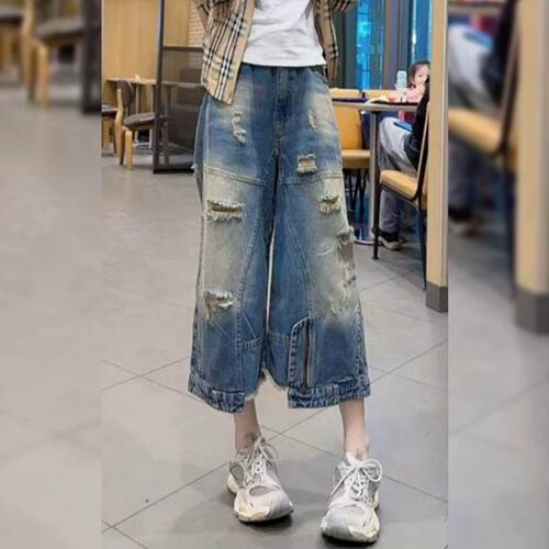 大码破洞牛仔裤女夏季新款九分裤