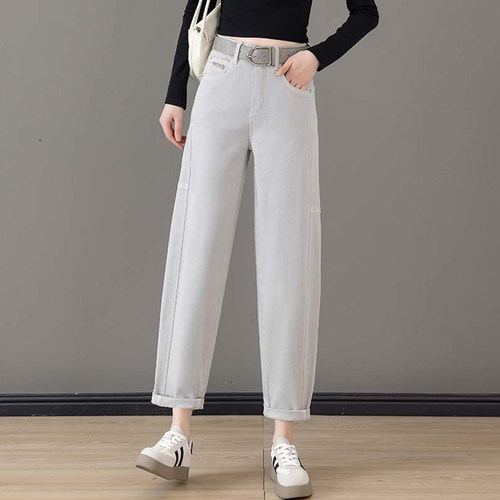 时尚弯刀牛仔裤大码显瘦哈伦裤子