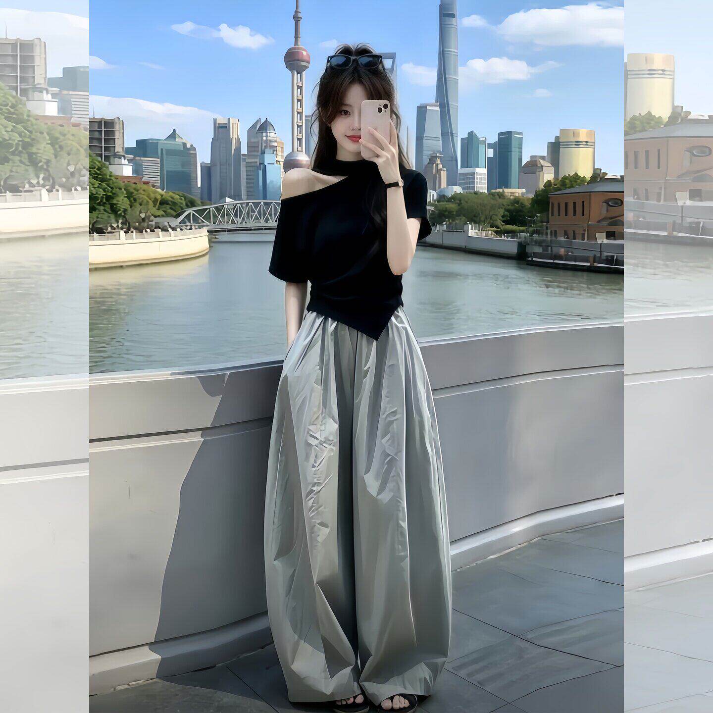 黑色修身短袖T恤女2026夏季艺术生明媚穿搭气质别致很仙露肩上衣