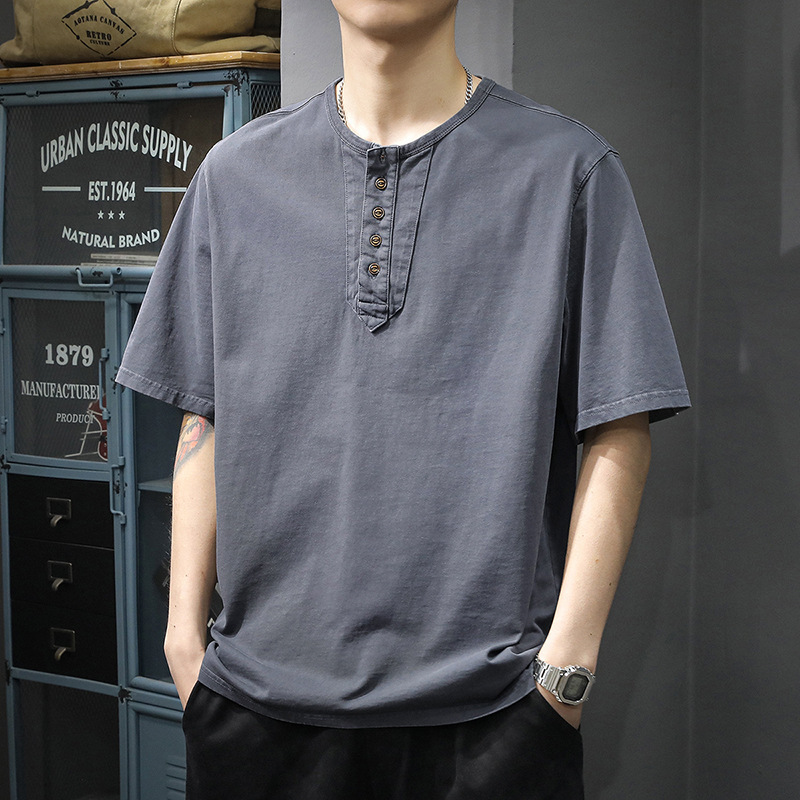 美式重磅亨利领短袖T恤男夏季