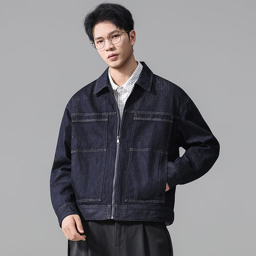 美式复古原色翻领工装牛仔夹克男