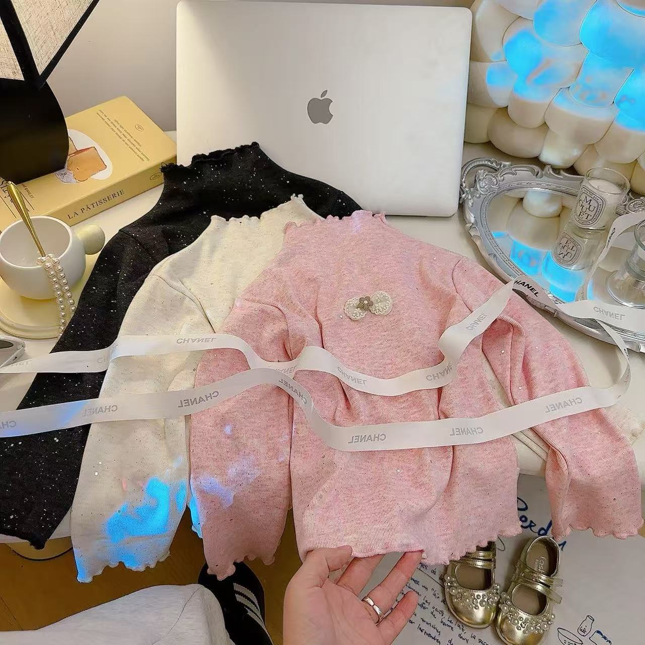 春秋款女童打底衫木耳休闲风儿童T恤半高领撒银纯色亮片长袖卫衣