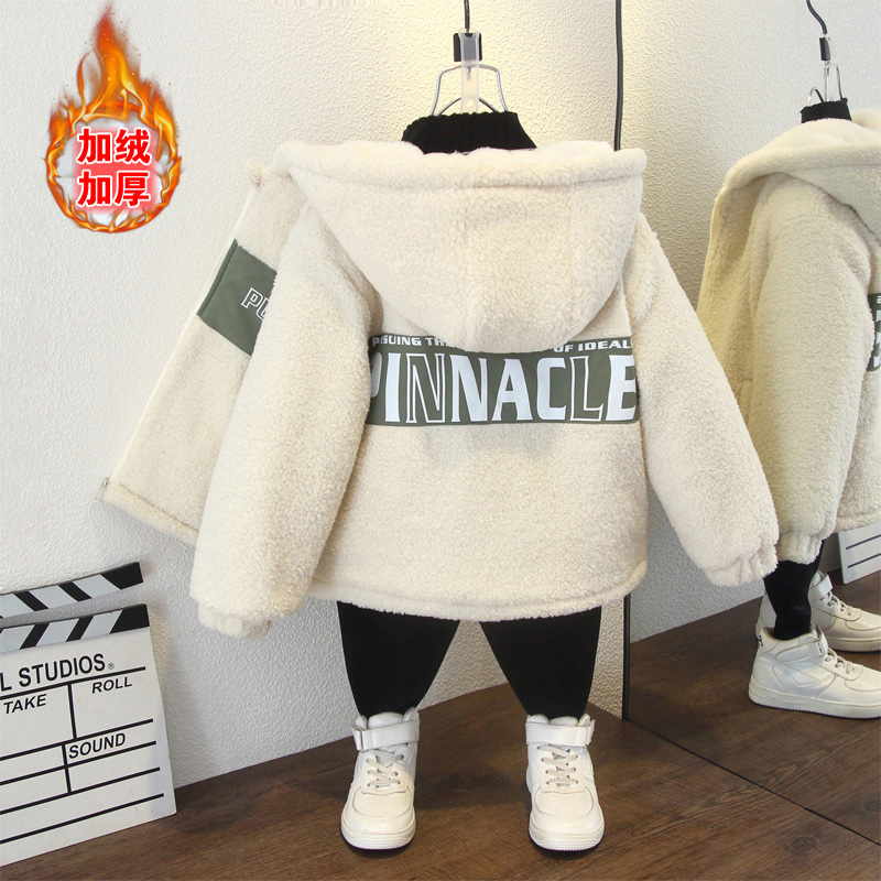 儿童秋冬加绒加厚棉服男童冬季韩版字母拼接宽松保暖毛毛衣外套潮