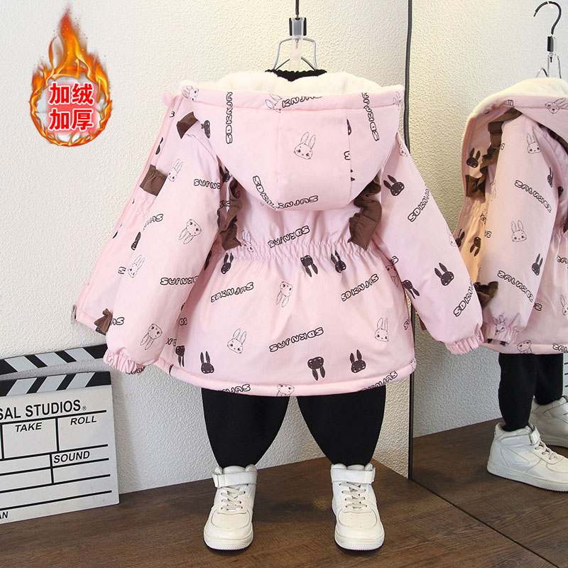 男童秋冬新款韩版加绒加厚连帽外套女童收腰花边兔子满印风衣棉服
