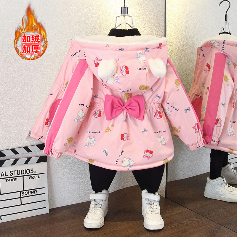 女童秋冬装新款棉服外套女童可爱蝴蝶结爱心口袋加绒加厚连帽外套