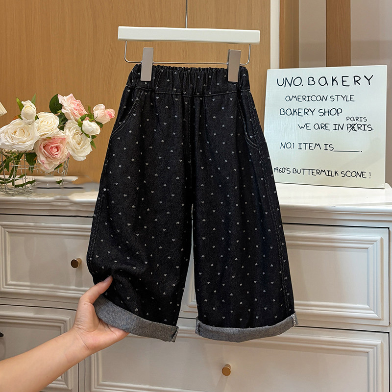 女童秋季新款时尚满印爱心牛仔裤百搭洋气休闲裤子女宝宝韩版潮童