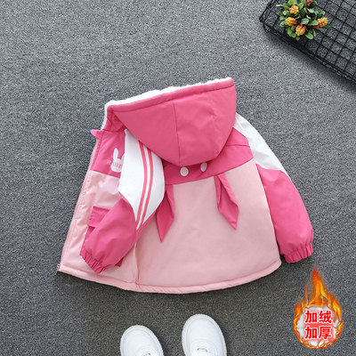 中小童冬季加绒加厚连帽外套女童可爱舒适时尚撞色宽松棉衣棉服潮