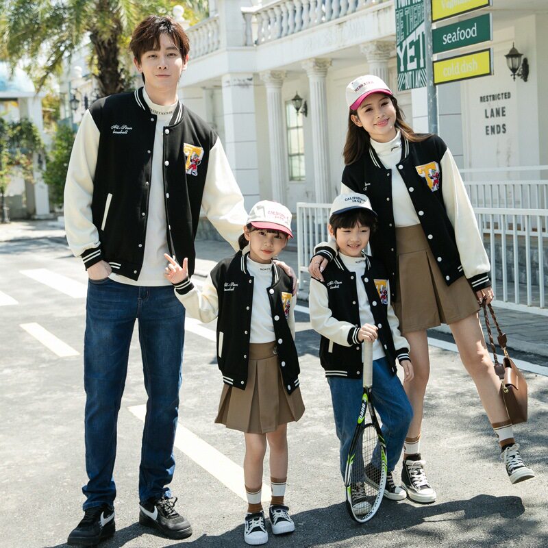 2025新款亲子装加绒棒球服秋冬一家三口外套母女网红潮牌卫衣