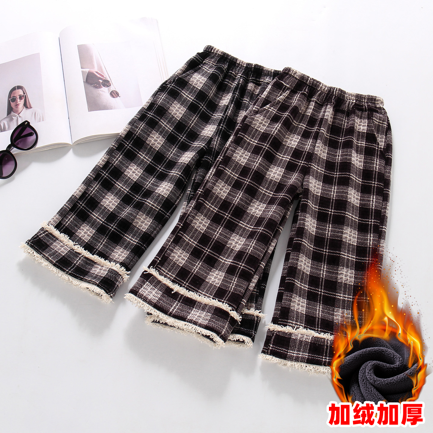 女童长裤加绒冬季新款洋气格子阔腿裤儿童一体绒加厚直筒裤时尚潮