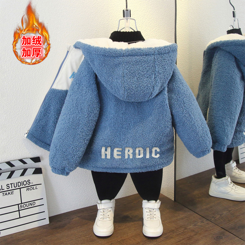 男童秋冬装新款韩版字母刺绣加绒加厚毛毛衣外套女童拼接保暖棉衣