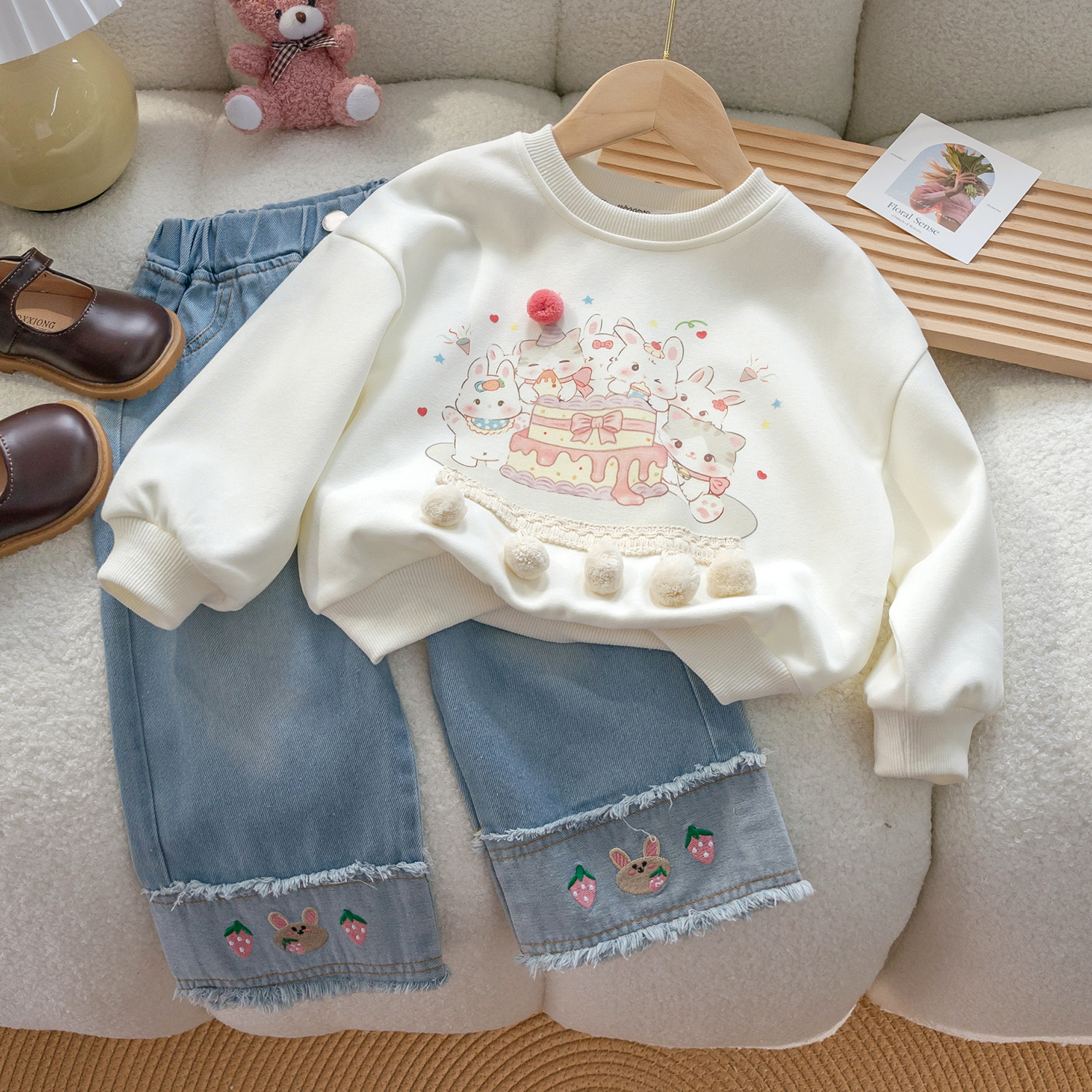 牛仔裤女童卫衣套装2024新款