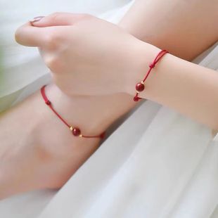 天然原矿朱砂手链女手工编织极细简约单珠红绳脚链属相年平安手绳