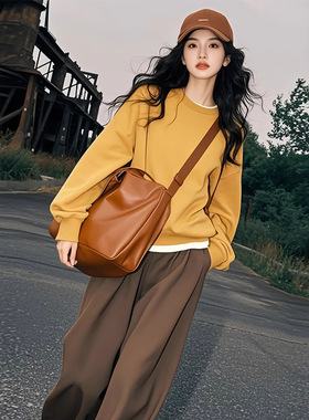 黄色假两件宽松慵懒风套头卫衣女早春季新款2025爆款时尚洋气