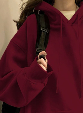 红色喜庆连帽卫衣外套女秋冬新款宽松慵懒加绒套头卫衣衫外贸