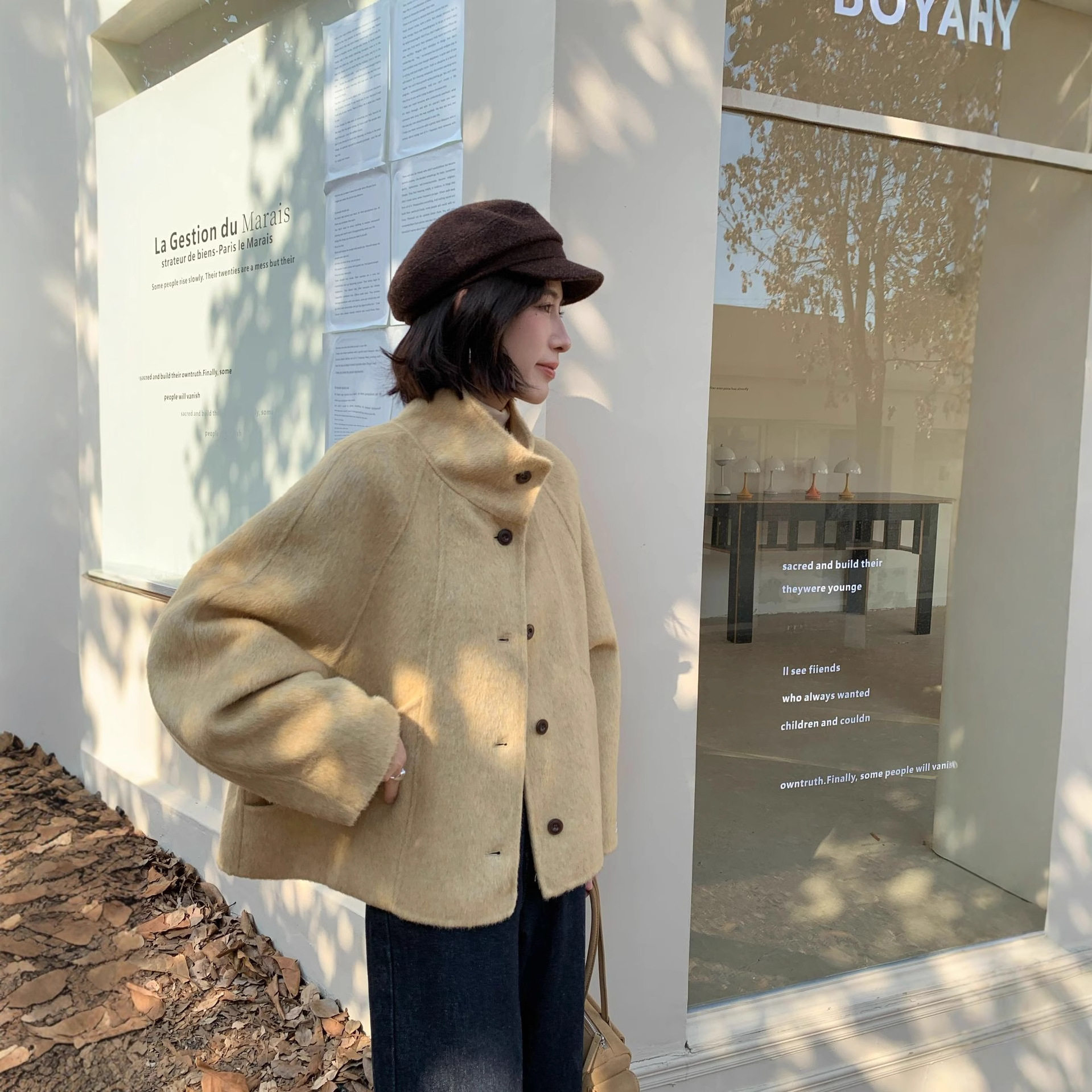 韩版25秋冬立领短款羊毛呢大衣兔毛蚕丝宽松百搭外套女