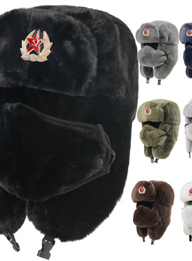 外贸俄罗斯帽子冬季红星徽章滑雪东北帽棉帽男女加厚俄罗斯户外帽