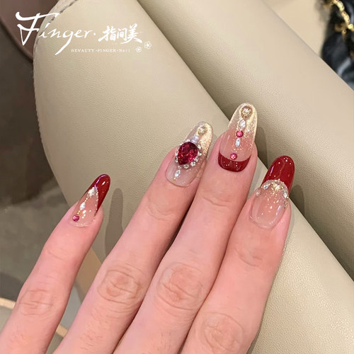 宫廷复古珐琅朱砂红猫眼新娘美甲
