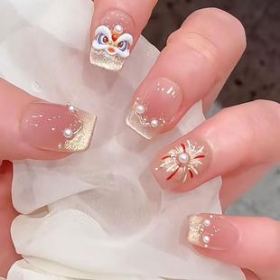 新年国风手绘醒狮烟花金色猫眼法式 美甲成品手工定制穿戴甲可拆卸