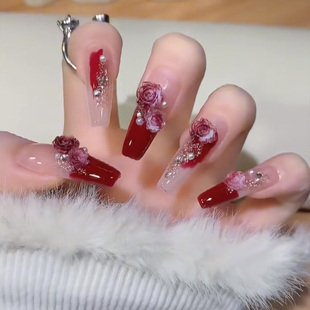 初秋新款 气质显白微醺酒红玫瑰纯欲山茶花美甲成品手工定制穿戴甲
