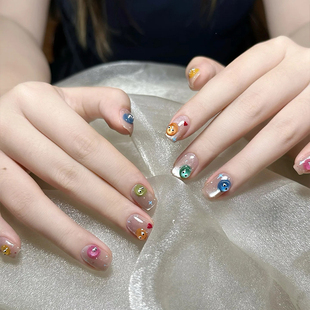 夏日新款 彩虹小甜豆可爱少女心猫眼美甲成品手工定制穿戴甲可拆卸