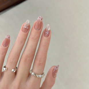 夏日新款 美甲甜妹爆闪猫眼蝴蝶结穿戴甲可持续 奶呼呼粉色豹纹法式