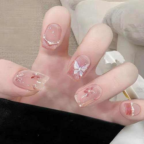 春季新款纯欲风手绘桃花蝴蝶美甲