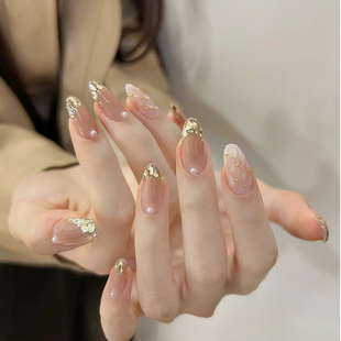 美甲纯手工定制穿戴甲 菱形格纹法式 初秋新款 气质显白铂金亮片法式