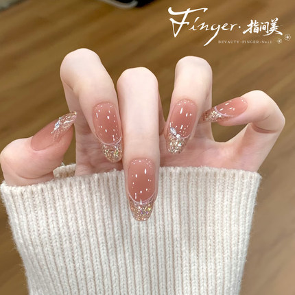 冰透气质显白温柔仙女碎闪亮片法式美甲手工定制穿戴甲防水可拆卸