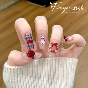 圣诞氛围感格纹可爱雪人立体平安果爆闪猫眼美甲手工定制穿戴甲