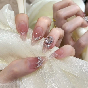 气质仙女甜美腮红法式 显白轻奢满钻新娘美甲手工定制穿戴甲可拆卸