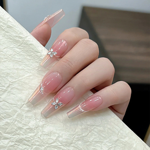落日余晖夏日新款 极光粉蝴蝶美甲气质显白手工穿戴甲防水可拆卸