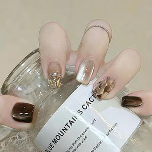 秋冬新款 气质高级猫眼奶咖菱格美甲成品手工定制穿戴甲防水可拆卸