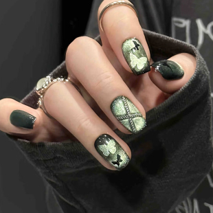 甜酷辣妹风夏日爆闪猫眼幻彩镂空暗黑蝴蝶美甲成品手工定制穿戴甲