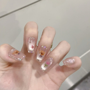 夏日新款 可爱少女心波点小熊猫眼美甲手工定制穿戴甲防水可拆卸
