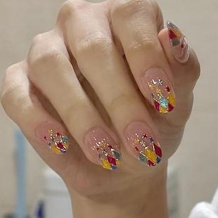 美甲成品手工定制穿戴甲 法式 秋冬新款 巴洛特复古风彩色菱格短款