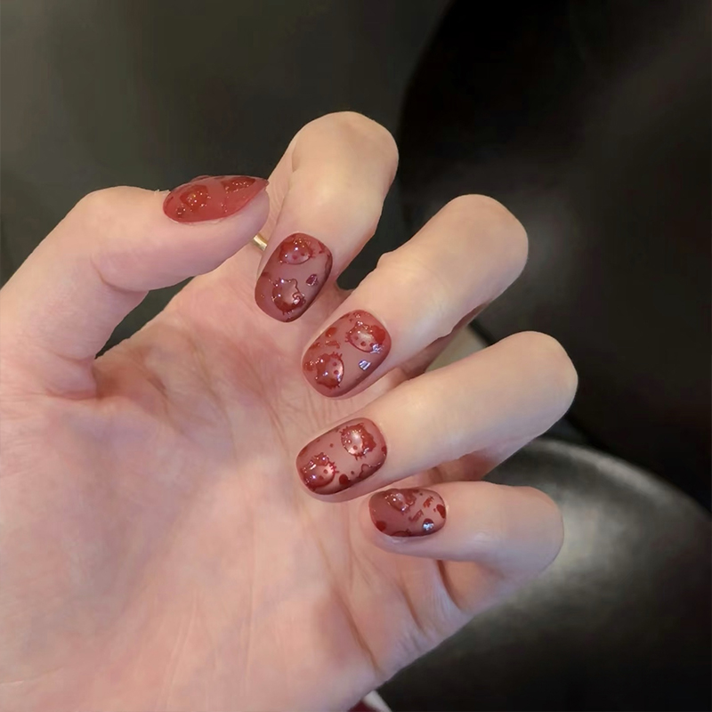 秋季新款显白红丝绒Kitty猫美甲