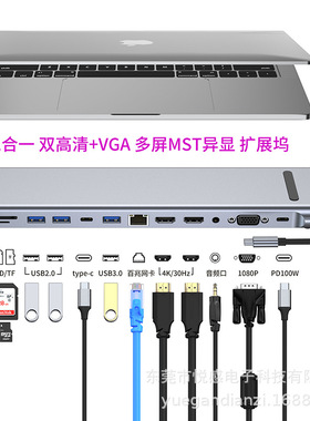跨境双高清MST拓展坞USB HUB笔记本多屏异显十二合一typec扩展坞