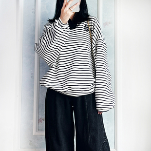 松弛条纹POLO领套头宽松卫衣中长男女同款 此时@比翼 青铜器刺绣