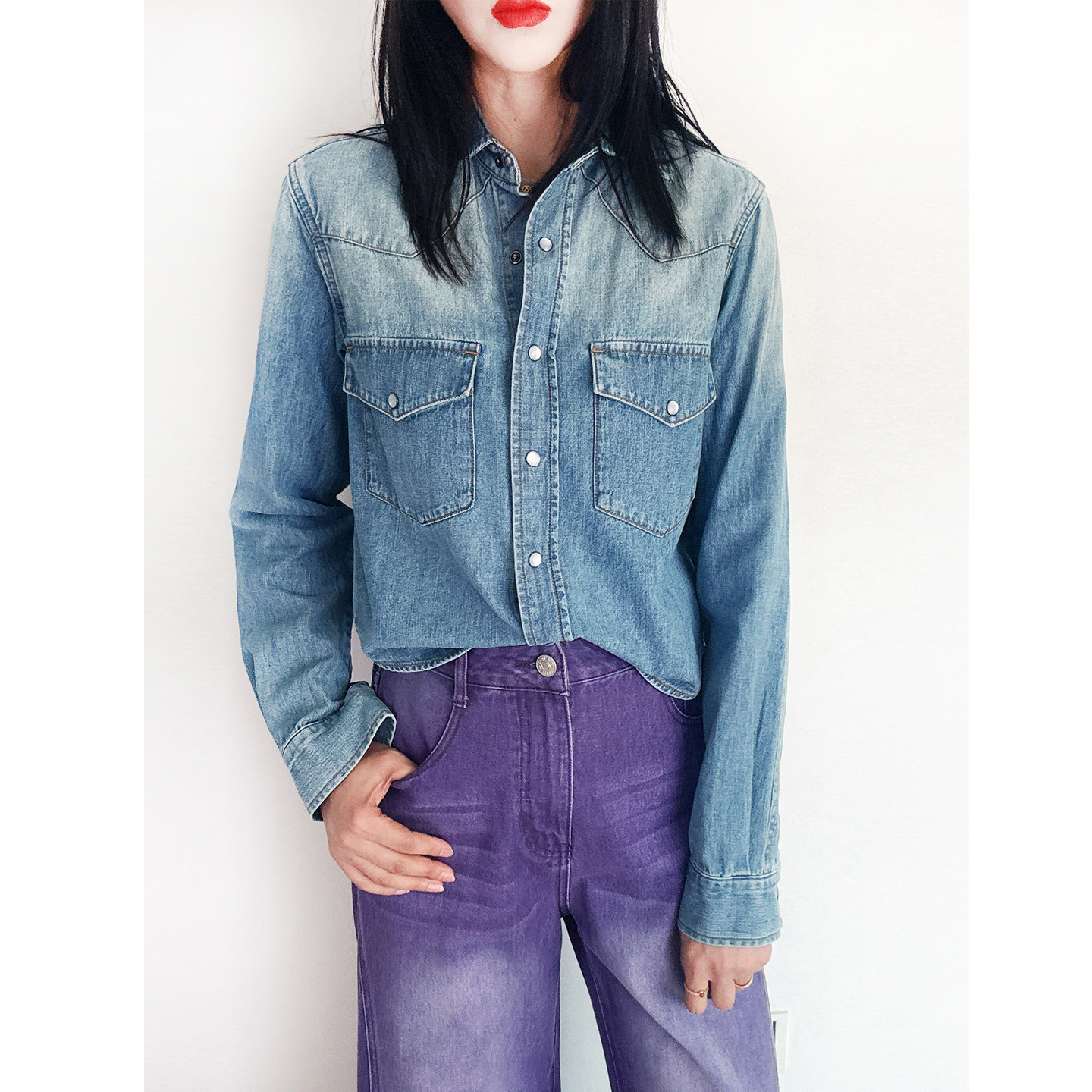 此时@寓言 解构拼接 柔软复古水洗渐变牛仔衬衫女宽松2026年春季